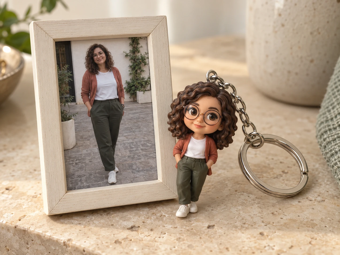 A framed portrait photograph beside a matching miniature figurine keyring