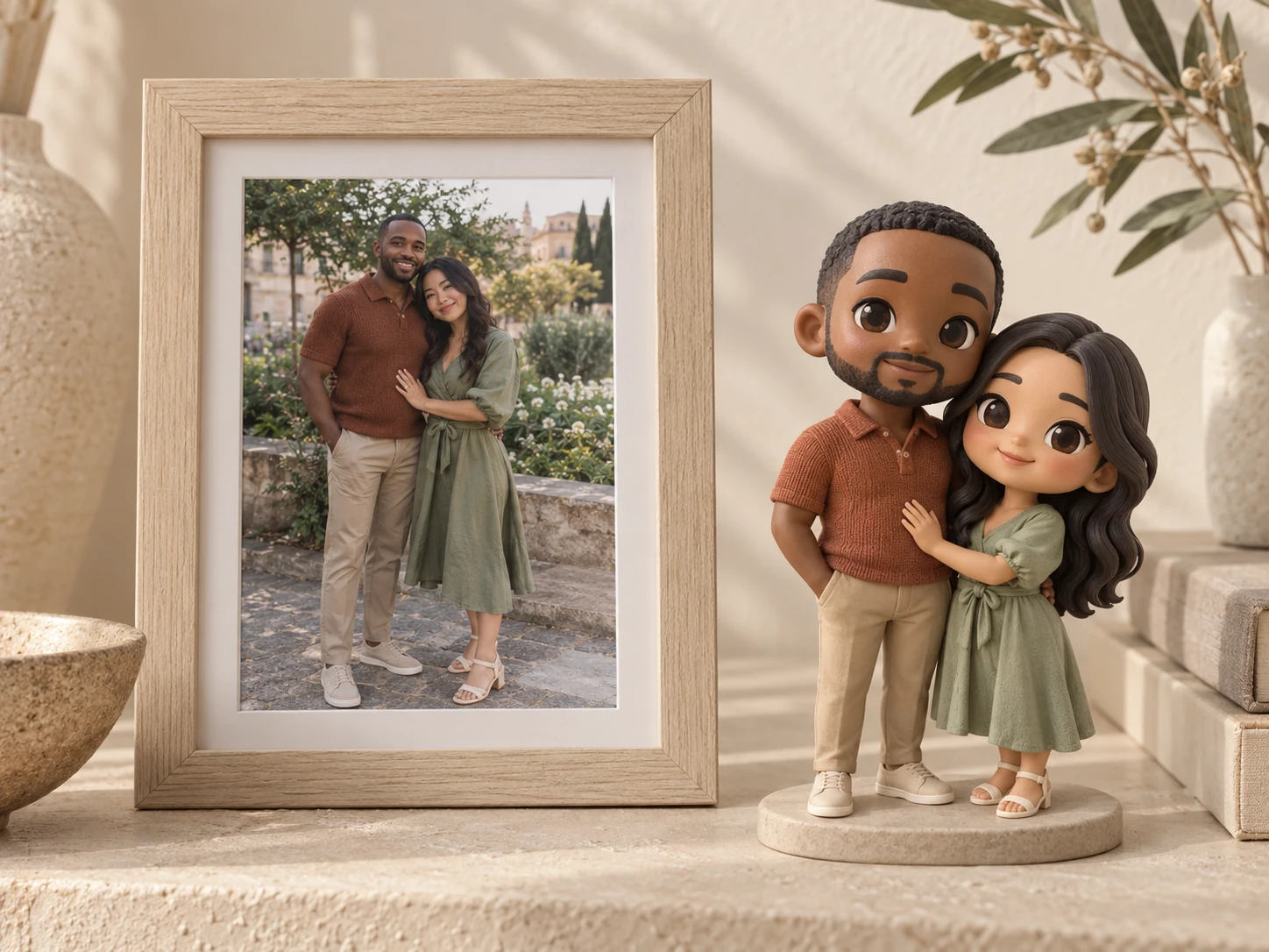 A framed couple photograph beside a matching two-person cartoon figurine