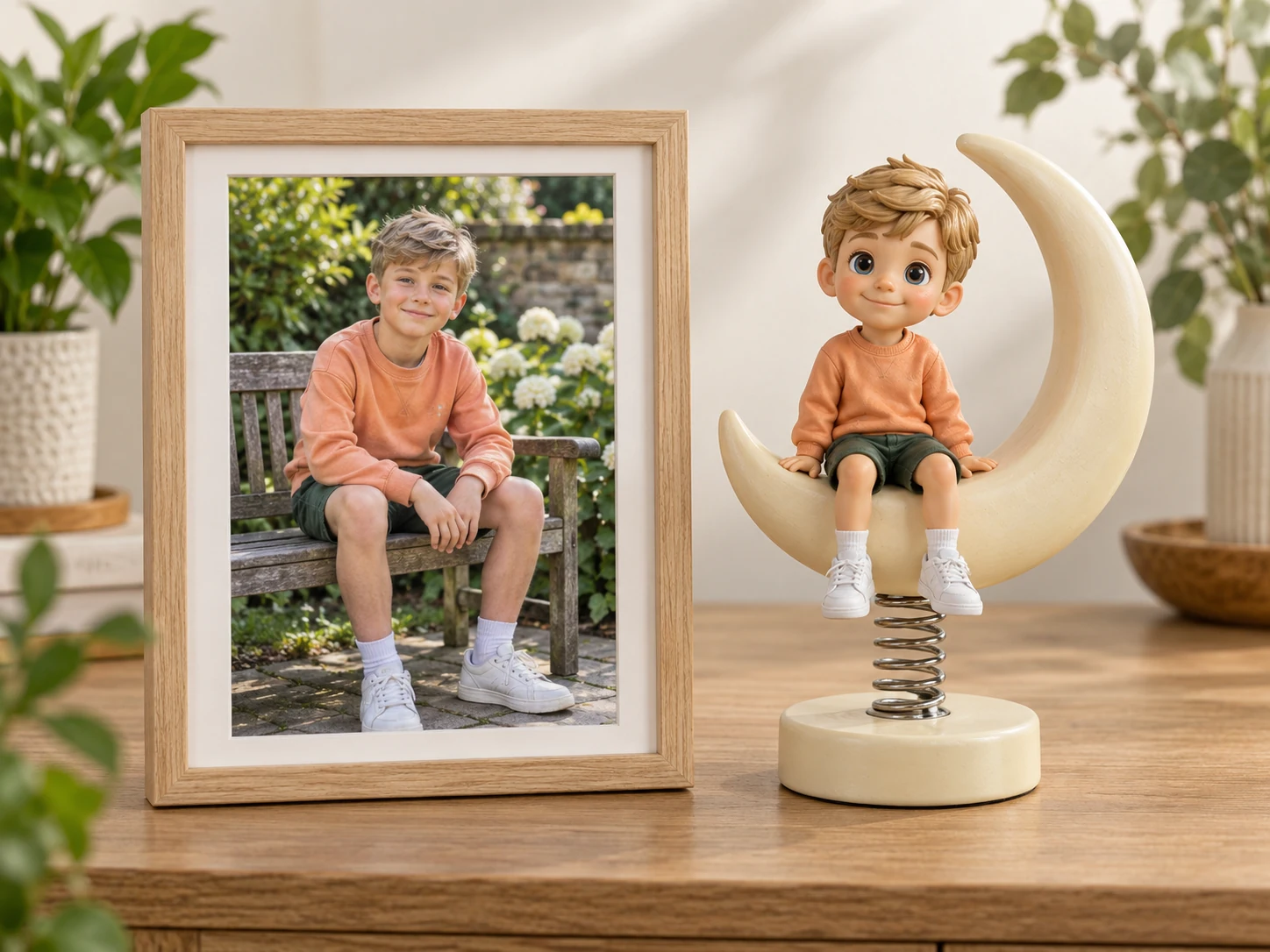 A framed boy photograph beside a cartoon moon-seat spring rocker figurine