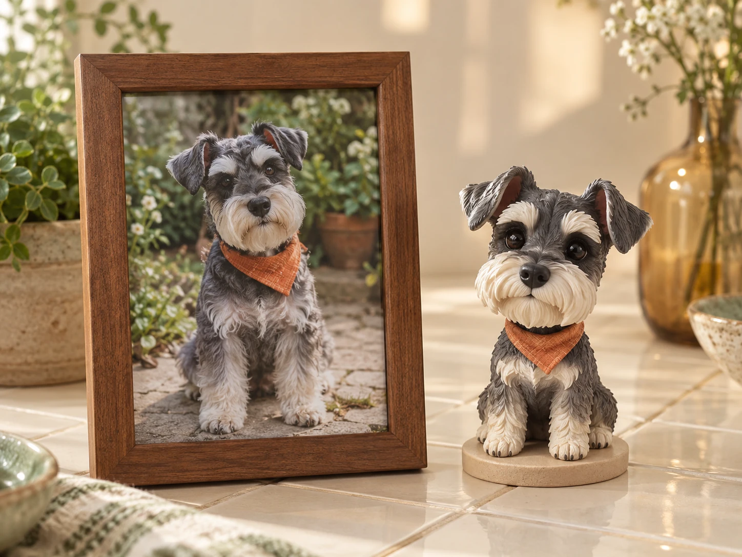 A framed schnauzer photograph beside a matching sculpted pet figurine