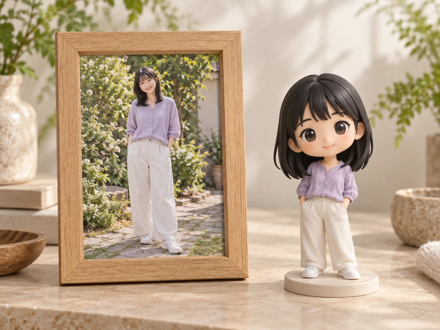 A framed photograph of a woman beside her distinct cartoon photo figurine