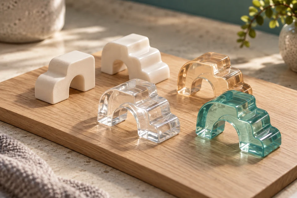 Separate opaque, clear and colored-clear resin samples show matte and glossy surface finishes.