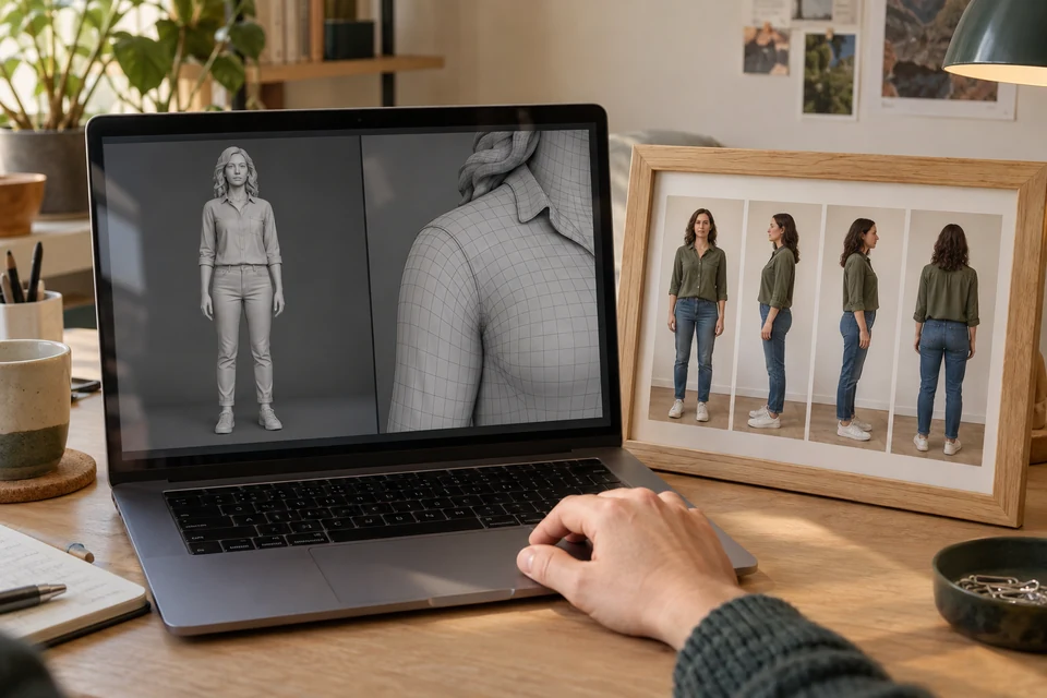 Photographic reference views beside a gray digital 3D model prepared on a laptop.