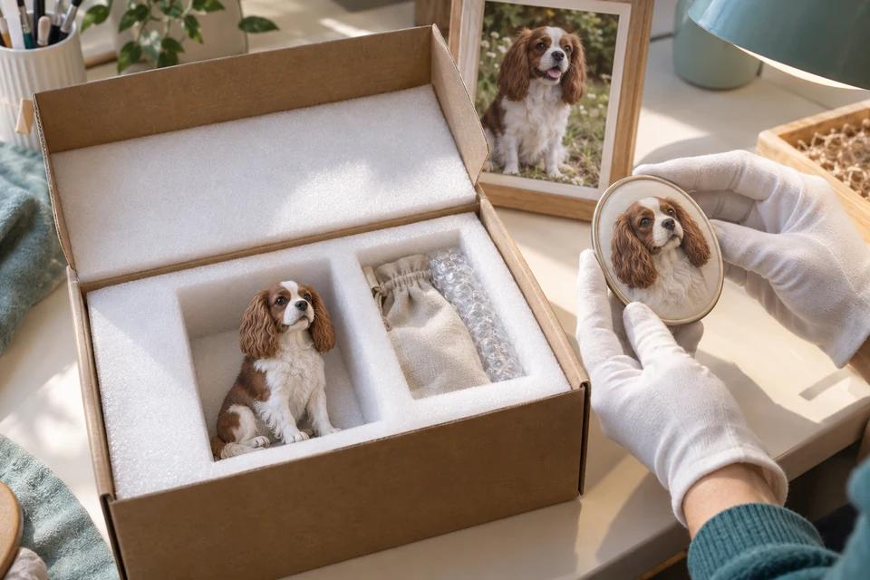 A printed pet miniature rests in protective foam while a small portrait plaque is inspected.