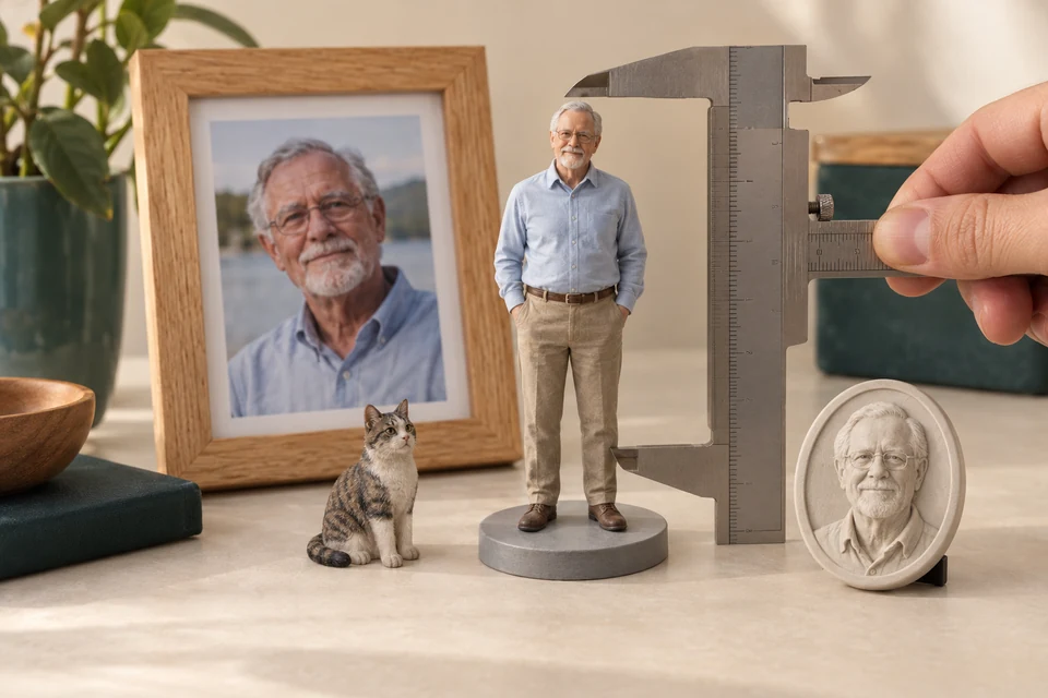 A caliper measures a miniature person beside a smaller cat figurine and a portrait relief.