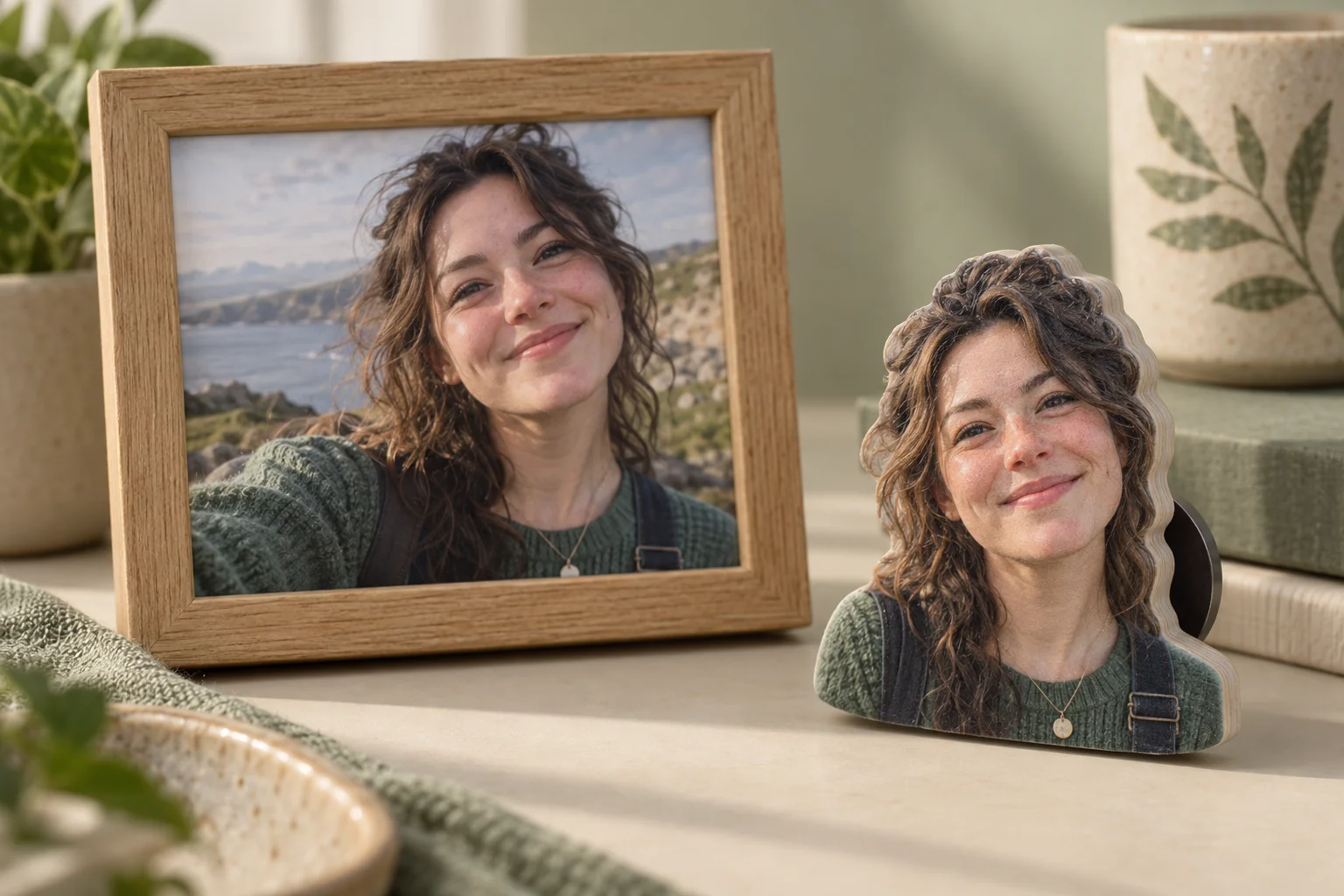 A framed pet photograph beside a separate small 3D keepsake charm