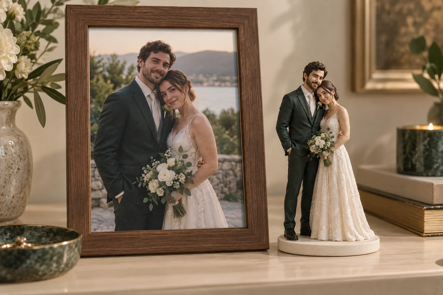 A framed couple photograph beside a separate 3D couple figurine in matching clothing