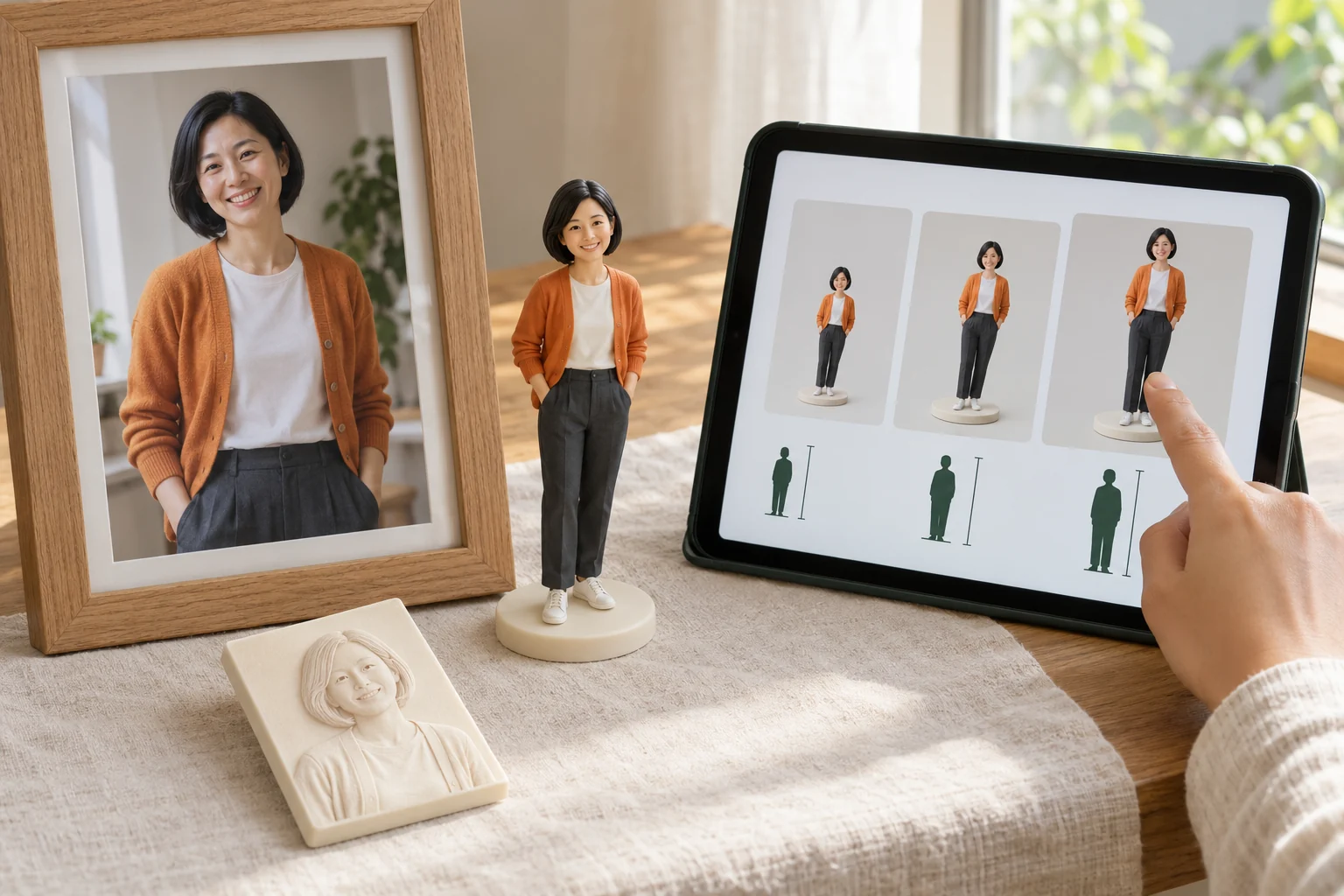 A customer selects product specifications on a tablet beside figurine and relief samples and a framed reference photograph.