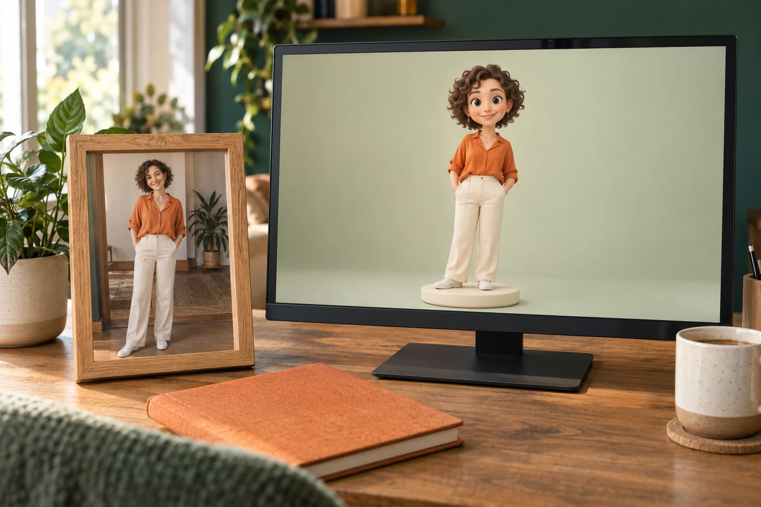 A framed real portrait stands beside a monitor showing the matching cartoon 3D design preview, before a physical figurine is made.