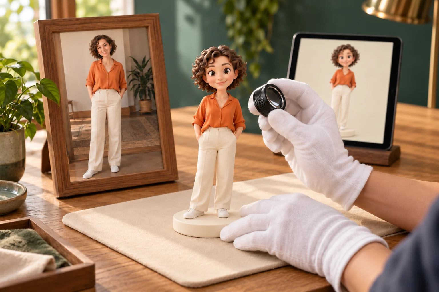 A physical resin figurine is inspected beside its matching framed reference photograph and approved design on screen.