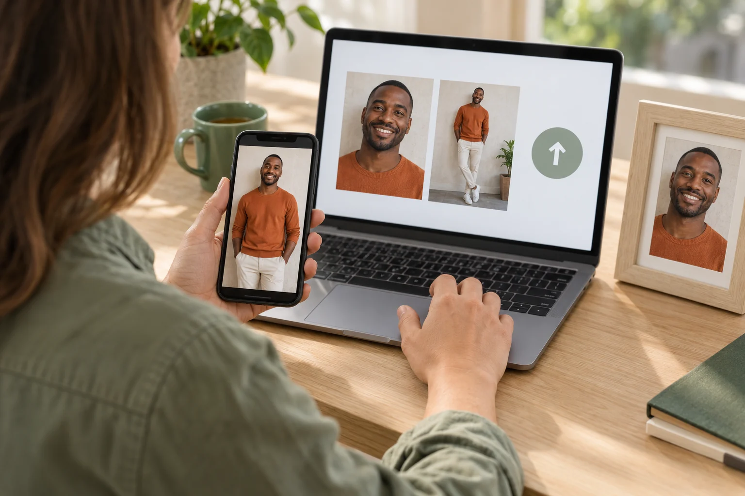 A customer uploads reference photographs using a phone and laptop beside a framed photograph.