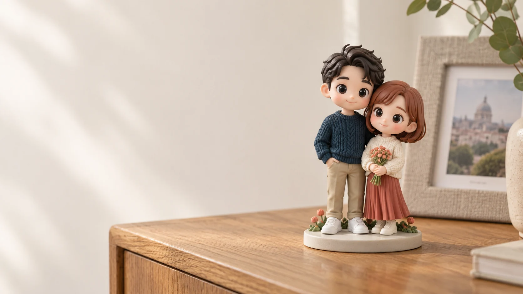 Two cartoon photo figurines on a warm wooden sideboard — illustrative product view