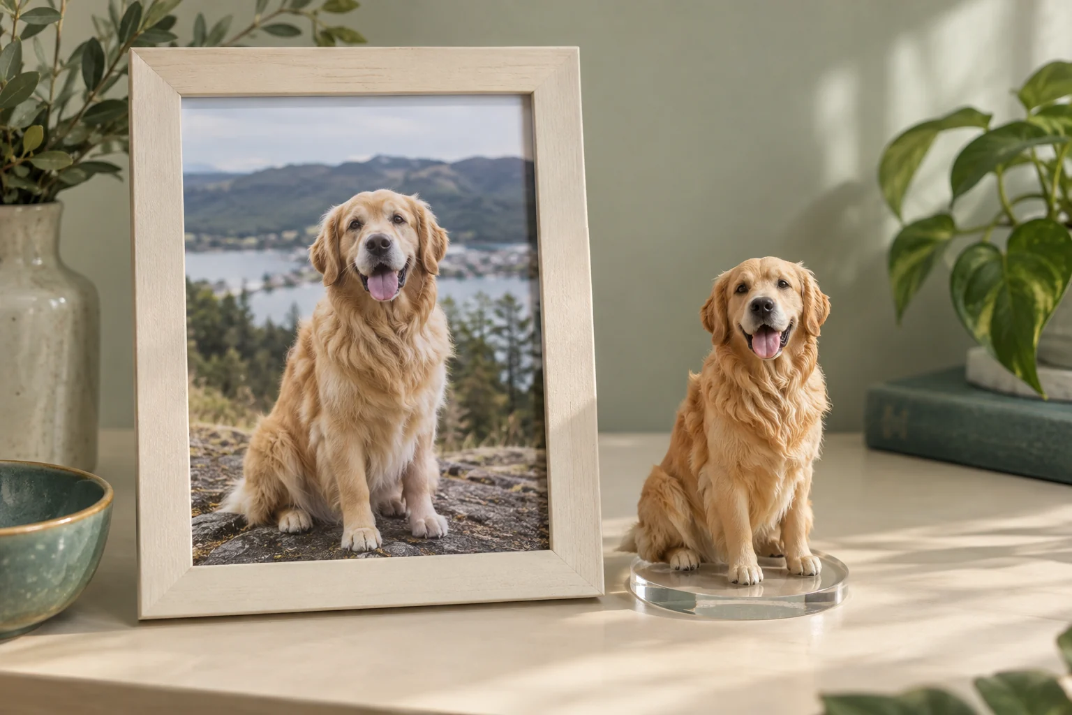 A framed pet photograph beside a different sculpted 3D pet figurine