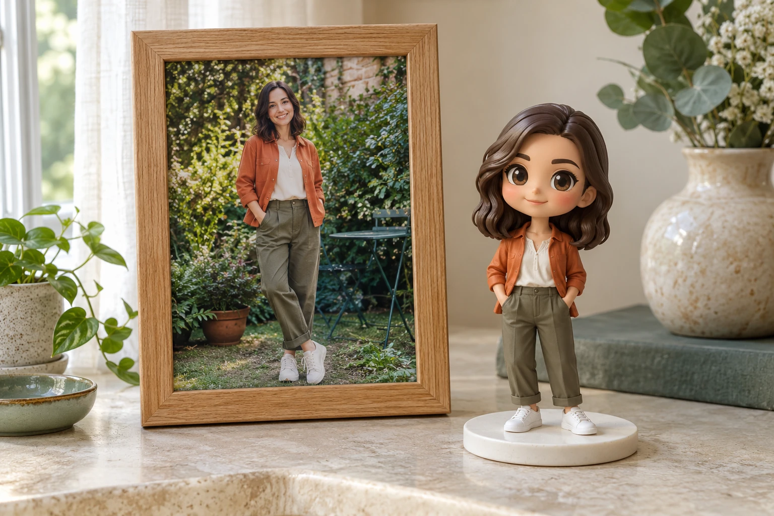 A framed photograph of a woman in an orange jacket beside her matching cartoon resin figurine
