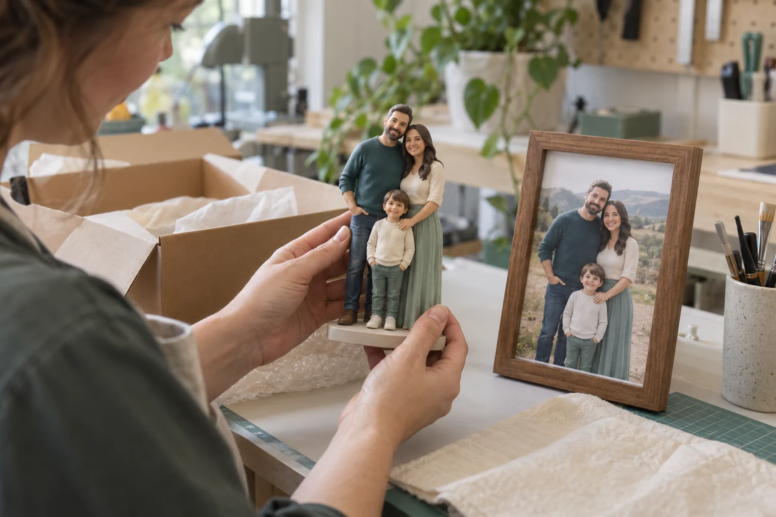 A finished color 3D figurine is checked and packed