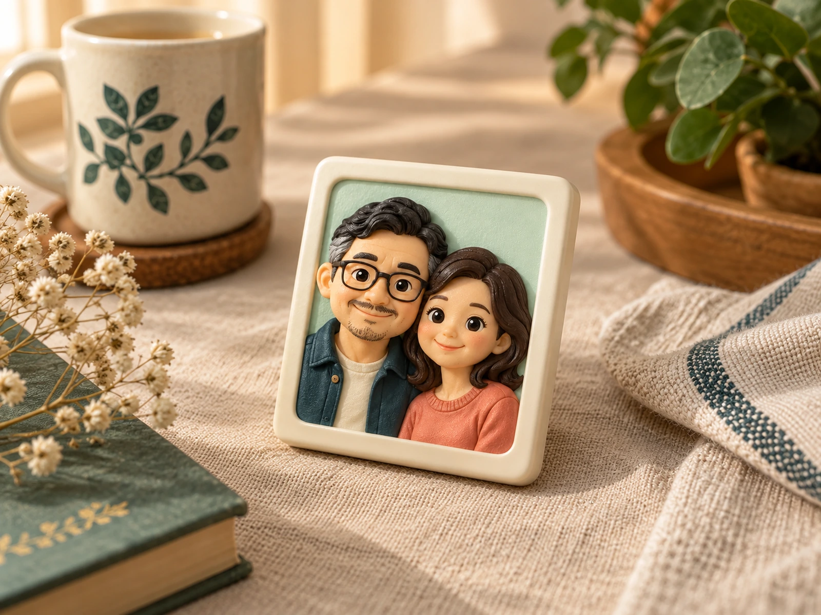 A cartoon couple portrait in a small cream resin relief frame