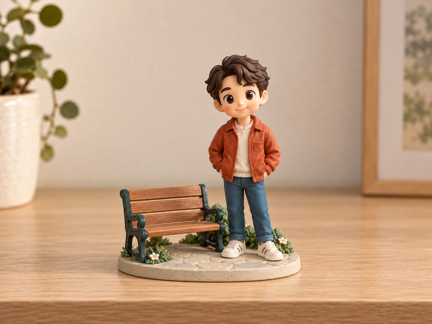 A cartoon person figurine beside a miniature bench on a scene base